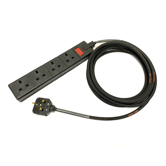13 Amp 4 Gang Black Mains Extension Lead - H07RN-F Rubber Cable