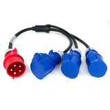 A 3-way electrical adapter cable with one red 5-pin plug and three blue 3-pin sockets on a white background.