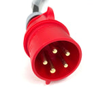 A close-up of a red electrical outlet plug with gold-toned pins and a black cable, shown on a white background.