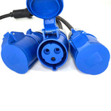 Three blue industrial power outlets with attached black cables, shown on a clean white background. One outlet is open to reveal the three-pin socket, while the others are closed with protective caps.