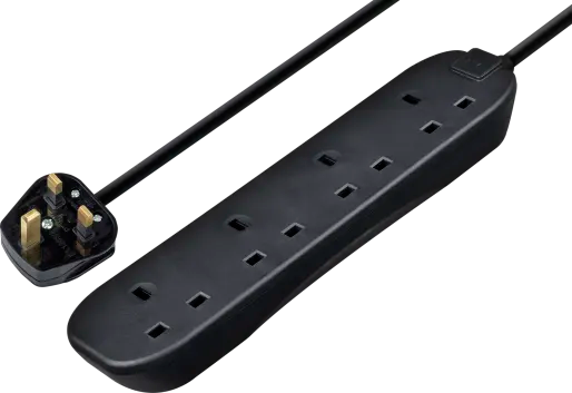 Masterplug 13 Amp 4 Gang Black Mains Extension Lead - PVC Cable - 2m