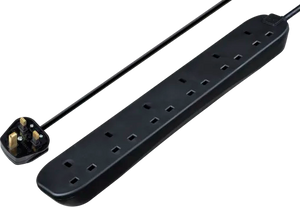 Masterplug 13 Amp 6 Gang Black Mains Extension Lead - PVC Cable - 2m