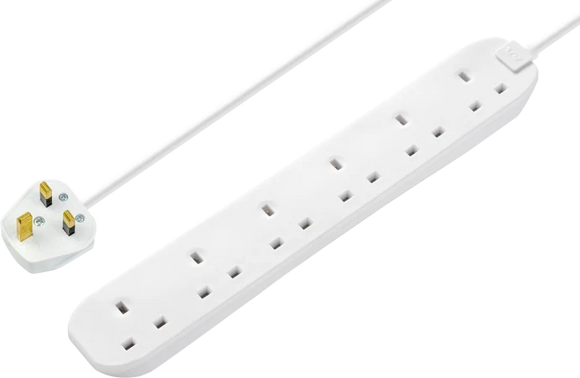 Masterplug 13 Amp 6 Gang White Mains Extension Lead - PVC Cable - 2m