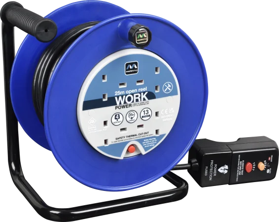 Masterplug 13 Amp 4 Gang Open Reel Mains Extension Lead with RCD - PVC Cable - 25m