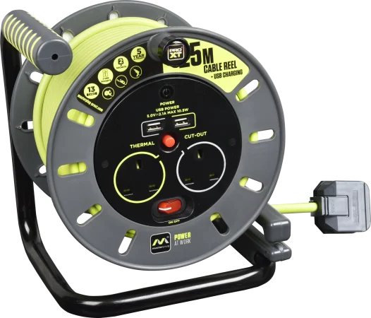 Masterplug Pro-XT 13 Amp 2 Gang + USB Open Reel Mains Extension Lead - PVC Cable - 25m