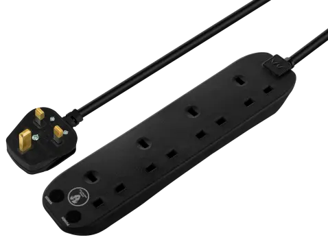Masterplug 13 Amp 4 Gang Surge Protected Black Mains Extension Lead - PVC Cable - 2m