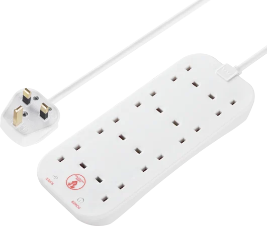 Masterplug 13 Amp 8 Gang Surge Protected White Mains Extension Lead - PVC Cable - 2m